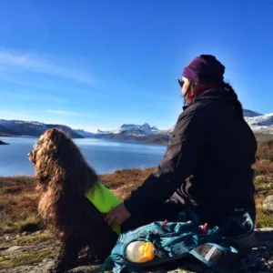 Hund fjellet skuer ut over vannet med eier